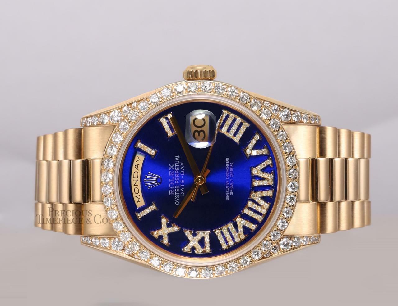 Rolex Men Day-Date 18038 36mm 18k-Blue Roman Dial-Diamond Lugs-Diamond Bezel