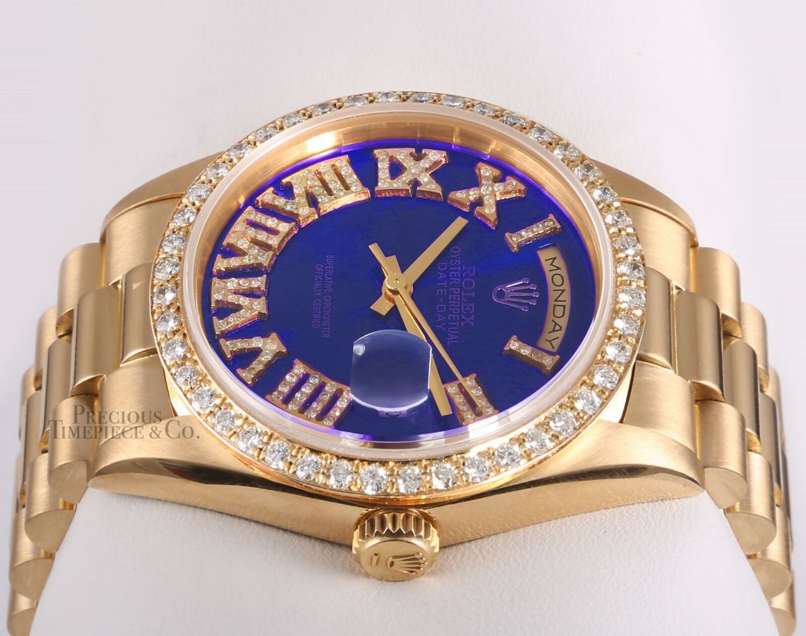 Rolex Men Day-Date 18238 36mm 18k Gold-Blue Diamond Roman Dial-Diamond Bezel