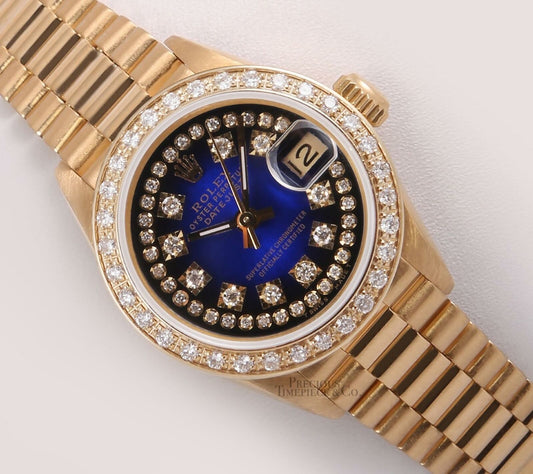 Rolex Lady 26mm President 18k Diamond Bezel-Blue Vignette String Diamond Dial