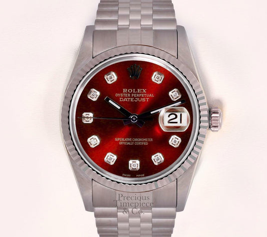 Rolex Men Datejust SS 36mm Steel Watch-Red Diamond Dial-18k Fluted Bezel