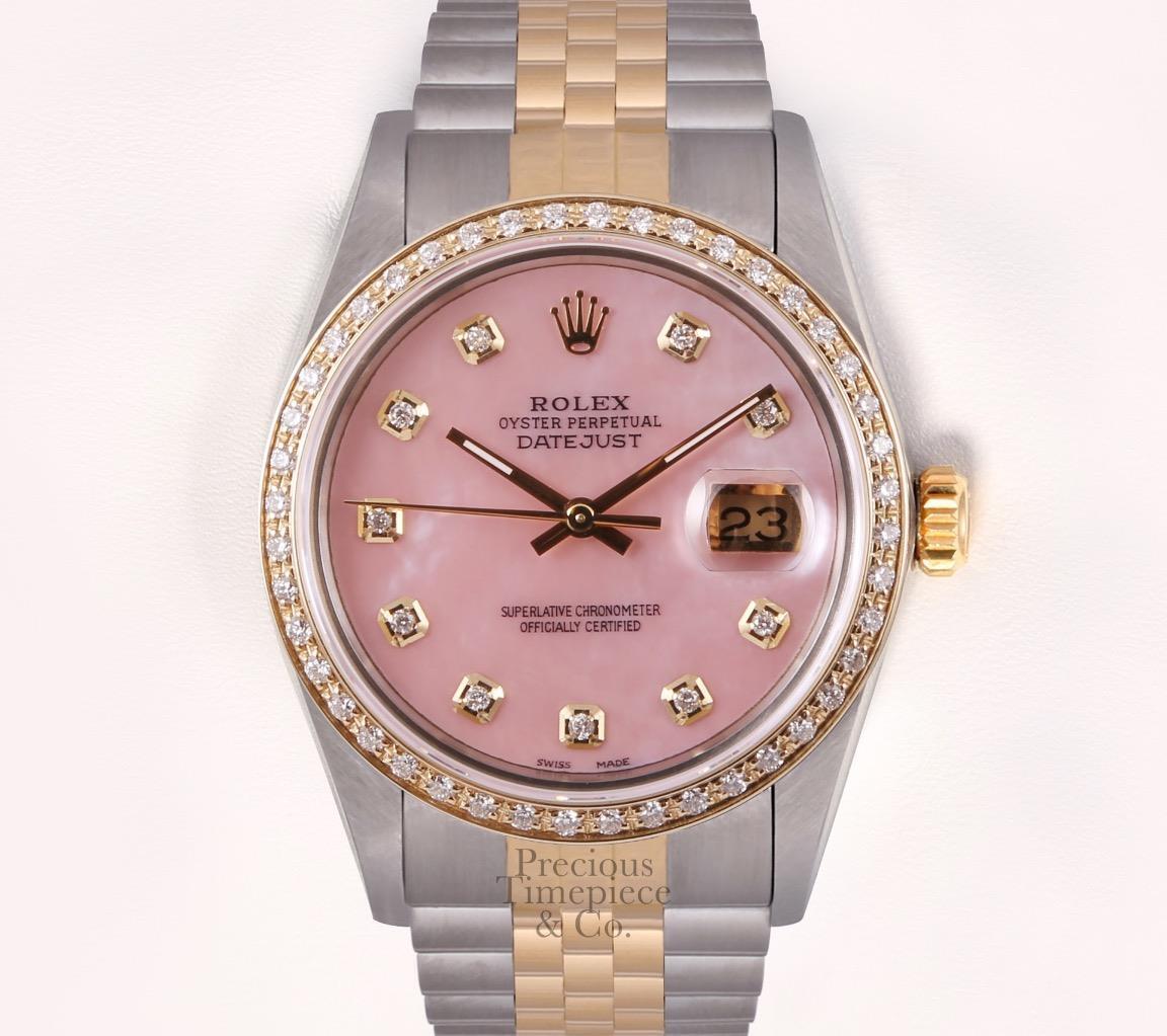 Rolex Datejust 2 Tone 36mm SS/ 18k Diamond Bezel Watch-Pink MOP Diamond Dial-BOX