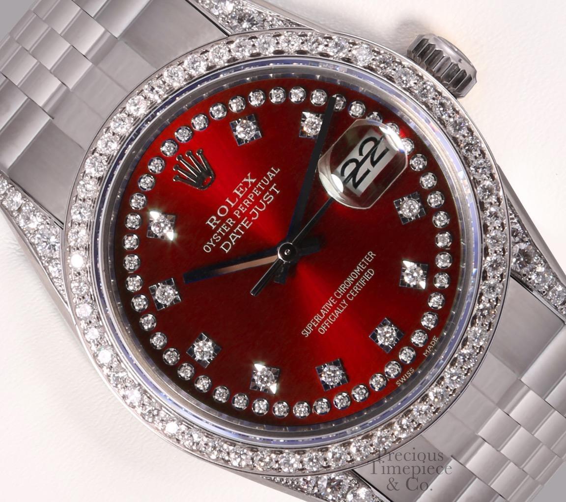 Rolex Datejust S/Steel 36mm-Red Diamond String Dial-Diamond Lugs-Diamond Bezel