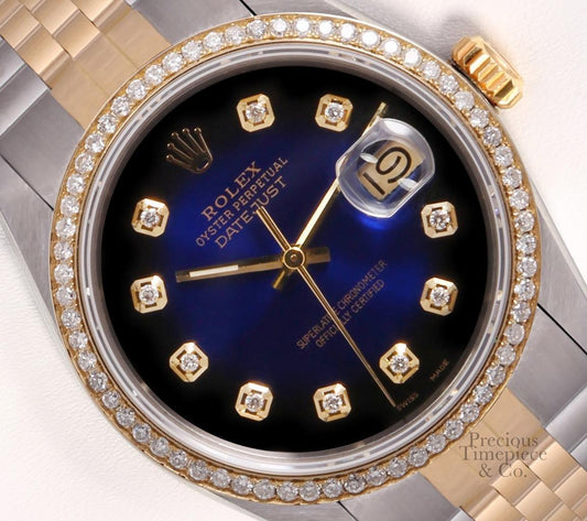 Rolex Datejust Two Tone 36mm Steel 18k Diamond Bezel-Blue Vignette Diamond Dial