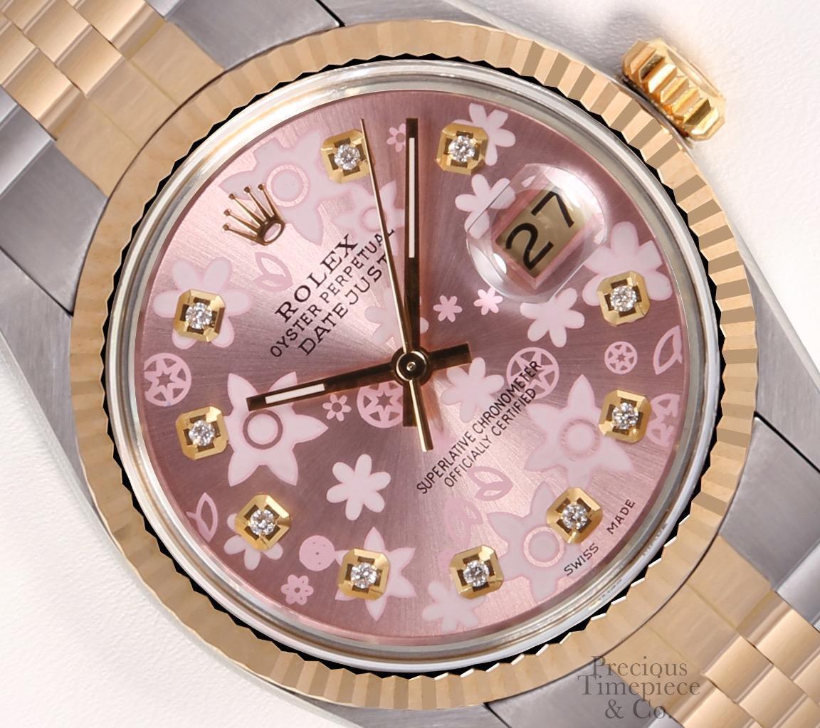 Rolex Men Datejust 36mm Two Tone 18k Fluted-Diamond Pink Floral Motif Dial