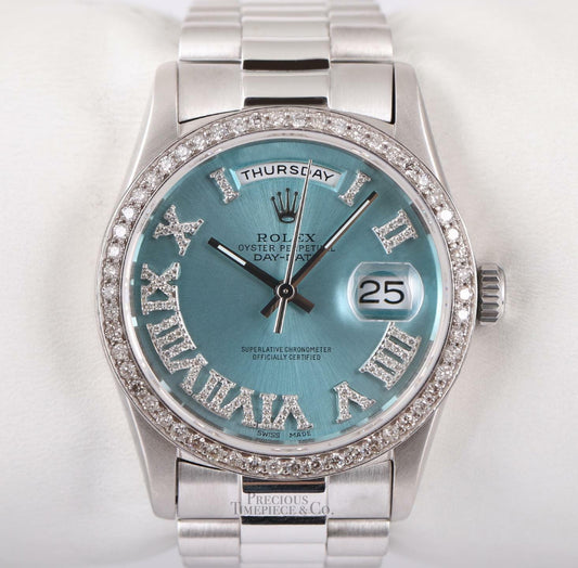 Rolex Mens Day-Date 36mm 18239 18k White Gold-Diamond Bezel-Ice Blue Roman Dial