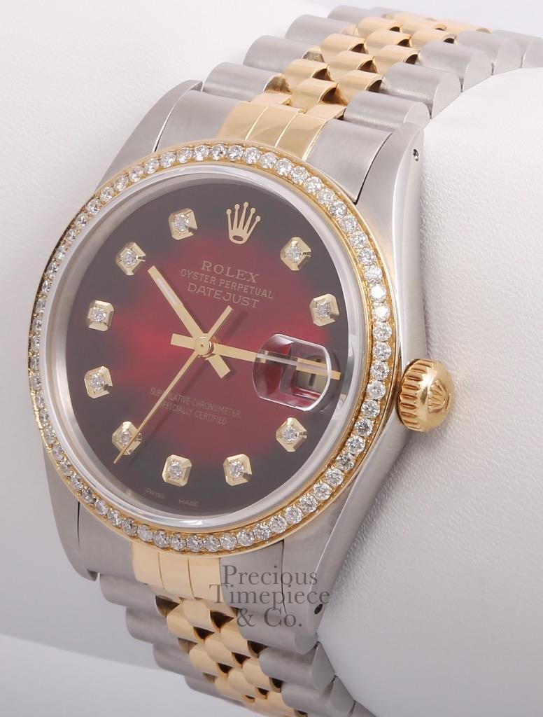 Rolex Datejust Two Tone 36mm Watch-18k Diamond Bezel-Red Vignette Diamond Dial