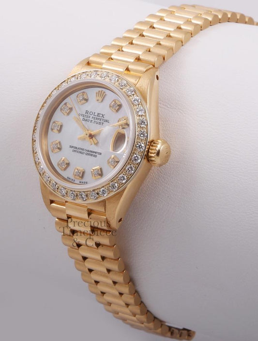 Rolex President Ladies 18k Gold 26mm Watch-Diamond Bezel-White MOP Diamond Dial