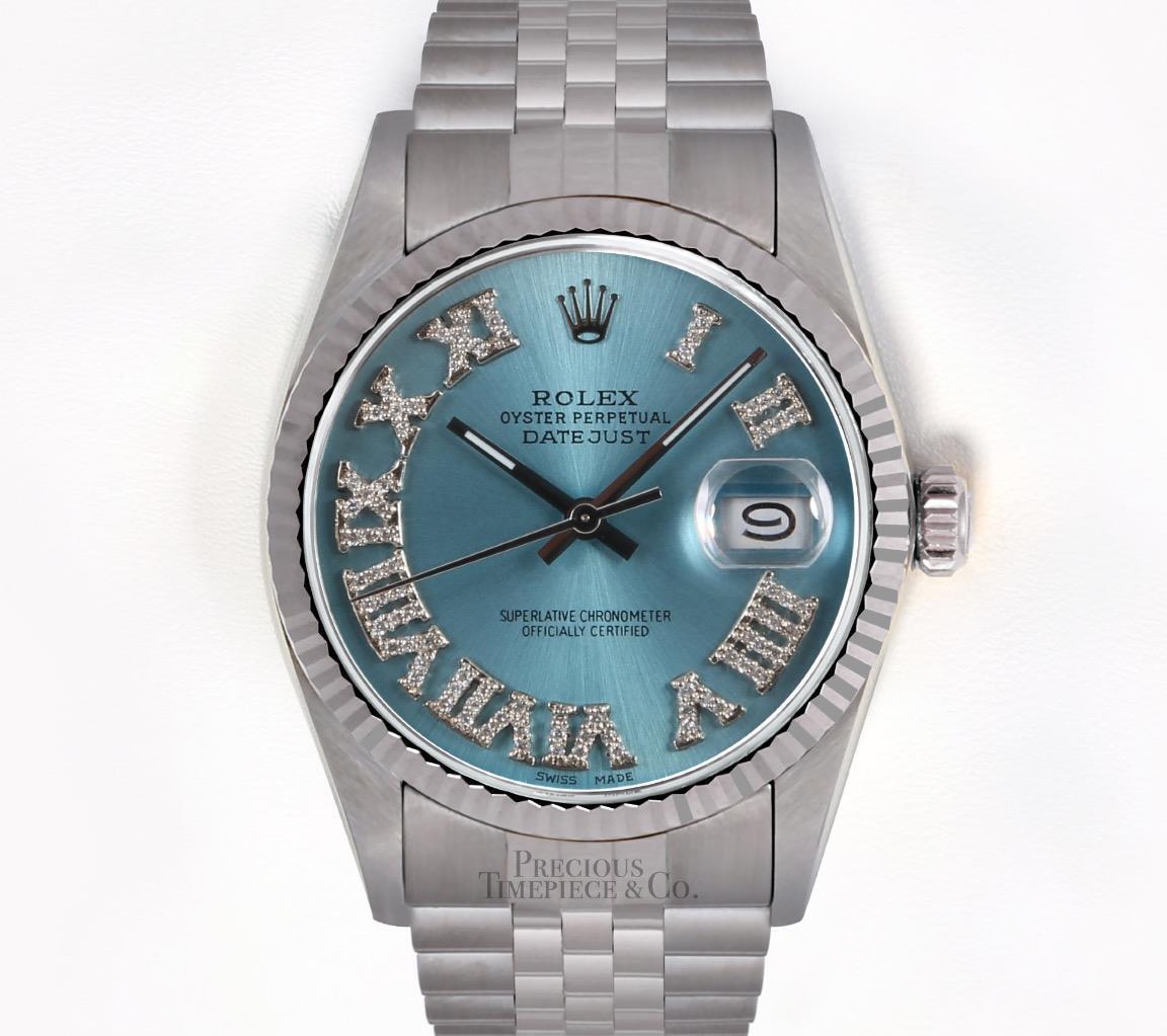 Rolex Datejust Stainless Steel 36mm-18k Fluted Bezel-Ice Blue Roman Diamond Dial