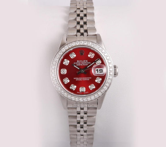 Rolex Ladies Datejust Stainless Steel 26mm Watch-Red Diamond Dial-Diamond Bezel