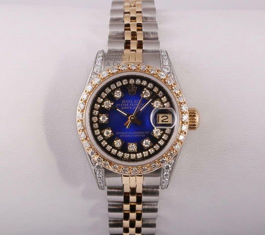 Rolex Lady Datejust Two Tone 26mm-Blue Vignette Dial-18k Diamond Bezel & Lugs