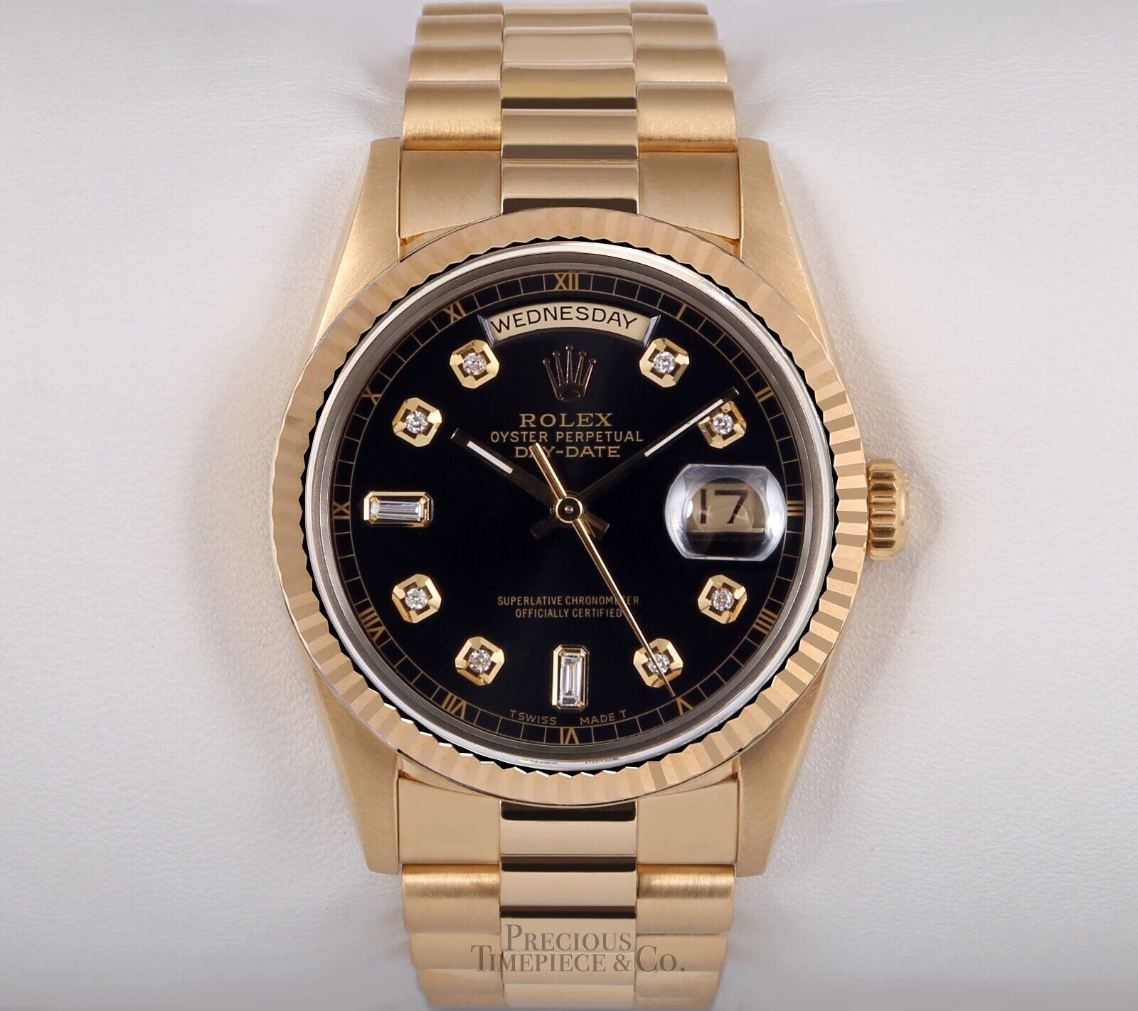 Rolex 18k Gold Day-Date 18238 President 36mm-Black Diamond Dial 18k Fluted Bezel