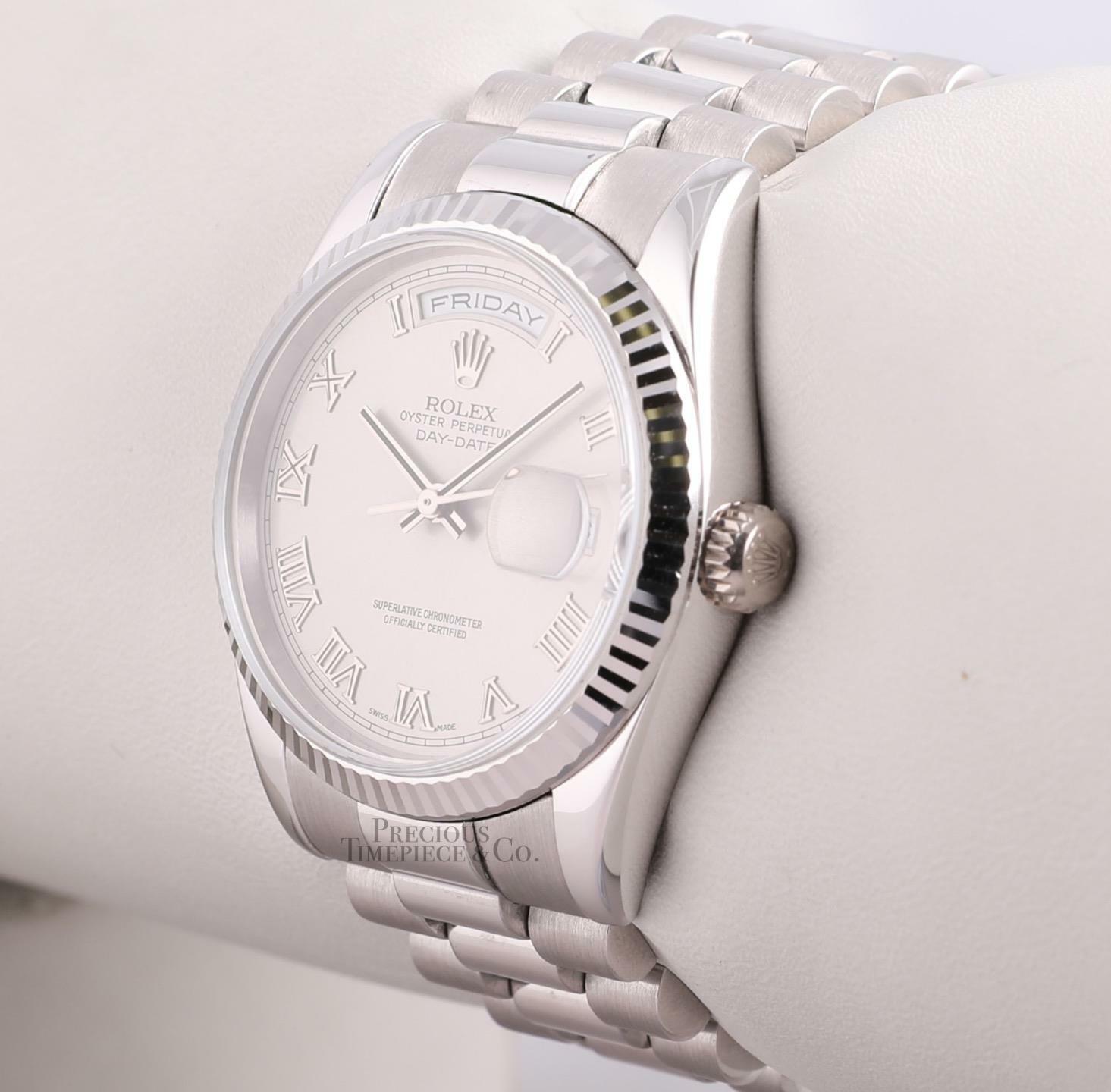 Rolex Day-Date 36mm Presidential 118239 18k White Gold-Silver Roman-Box & Paper