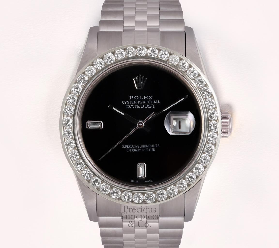 Rolex Datejust SS 36mm Watch-3CT Diamond Bezel-Onyx Baguette Diamond Dial