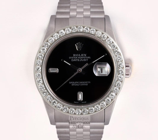 Rolex Datejust SS 36mm Watch-3CT Diamond Bezel-Onyx Baguette Diamond Dial