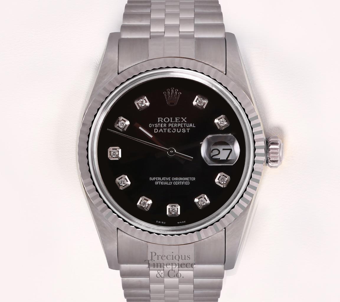 Rolex Datejust Stainless Steel 18k Fluted Bezel 36mm Watch-Black Diamond Dial