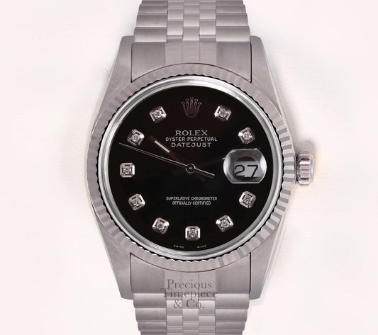 Rolex Datejust Stainless Steel 18k Fluted Bezel 36mm Watch-Black Diamond Dial