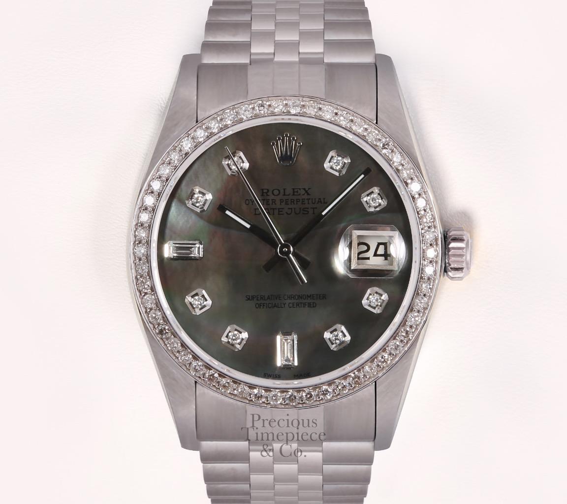 Rolex Datejust S/Steel 36mm Watch-Black MOP Baguette Diamond Dial-Diamond Bezel