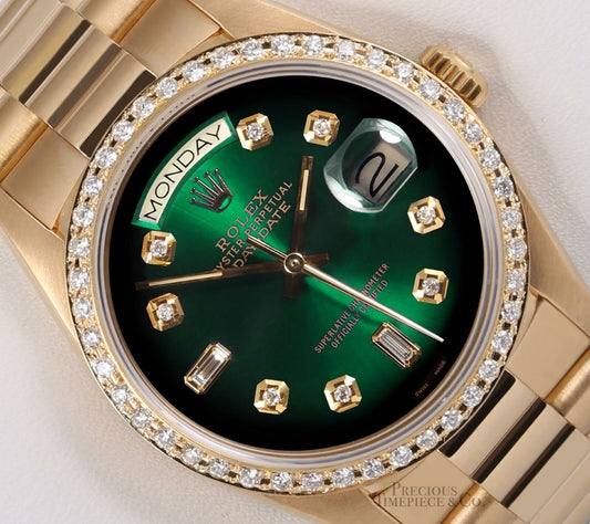 Rolex Men Day-Date 18038 President 36mm 18k Gold Diamond Bezel-Green Ombre Dial