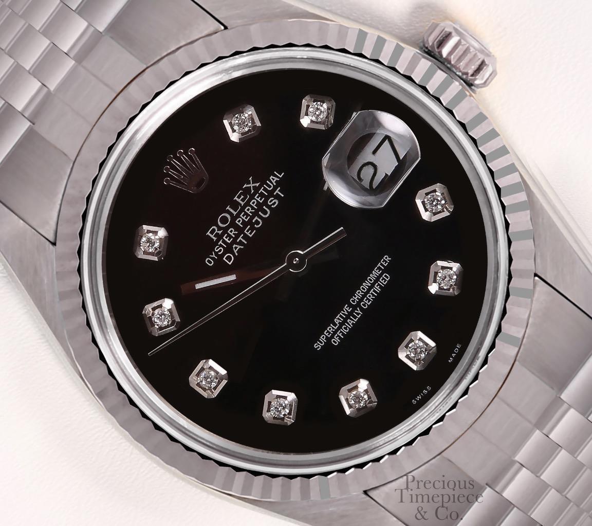 Rolex Datejust Stainless Steel 18k Fluted Bezel 36mm Watch-Black Diamond Dial