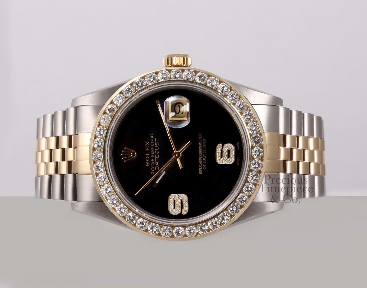 Rolex Datejust 36mm Two Tone 18k Steel-3CT Diamond Bezel-Onyx Diamond 6&9 Dial