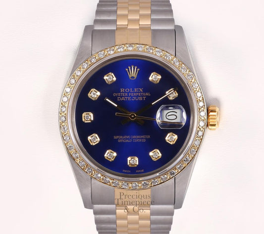 Rolex Datejust Two Tone Gold/SS 36mm 18k Diamond Bezel-Blue Diamond Dial Watch