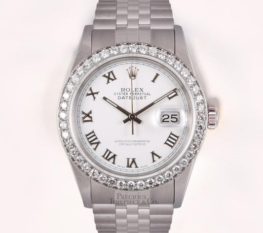 Rolex Datejust 36mm Stainless Steel Watch 1.6CT Diamond Bezel-White Roman Dial