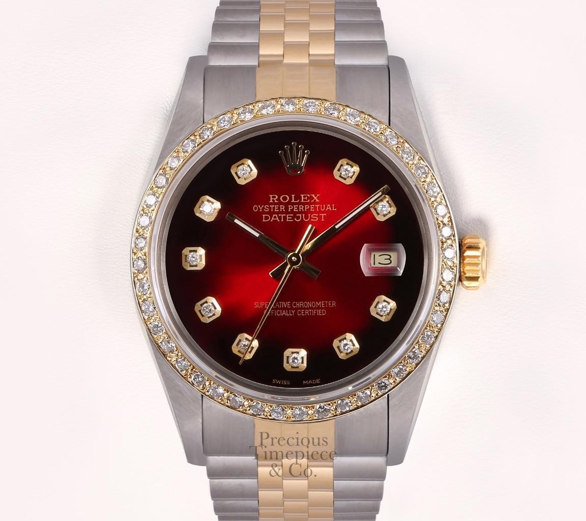 Rolex Datejust Two Tone 36mm Watch-18k Diamond Bezel-Red Vignette Diamond Dial