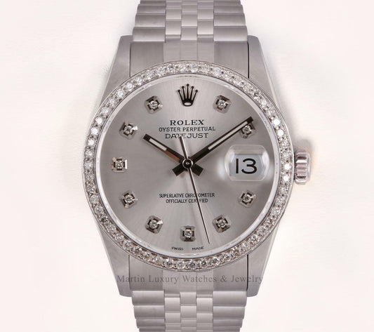 Rolex Men Datejust 36mm Stainless Steel Diamond Bezel Watch-Silver Diamond Dial