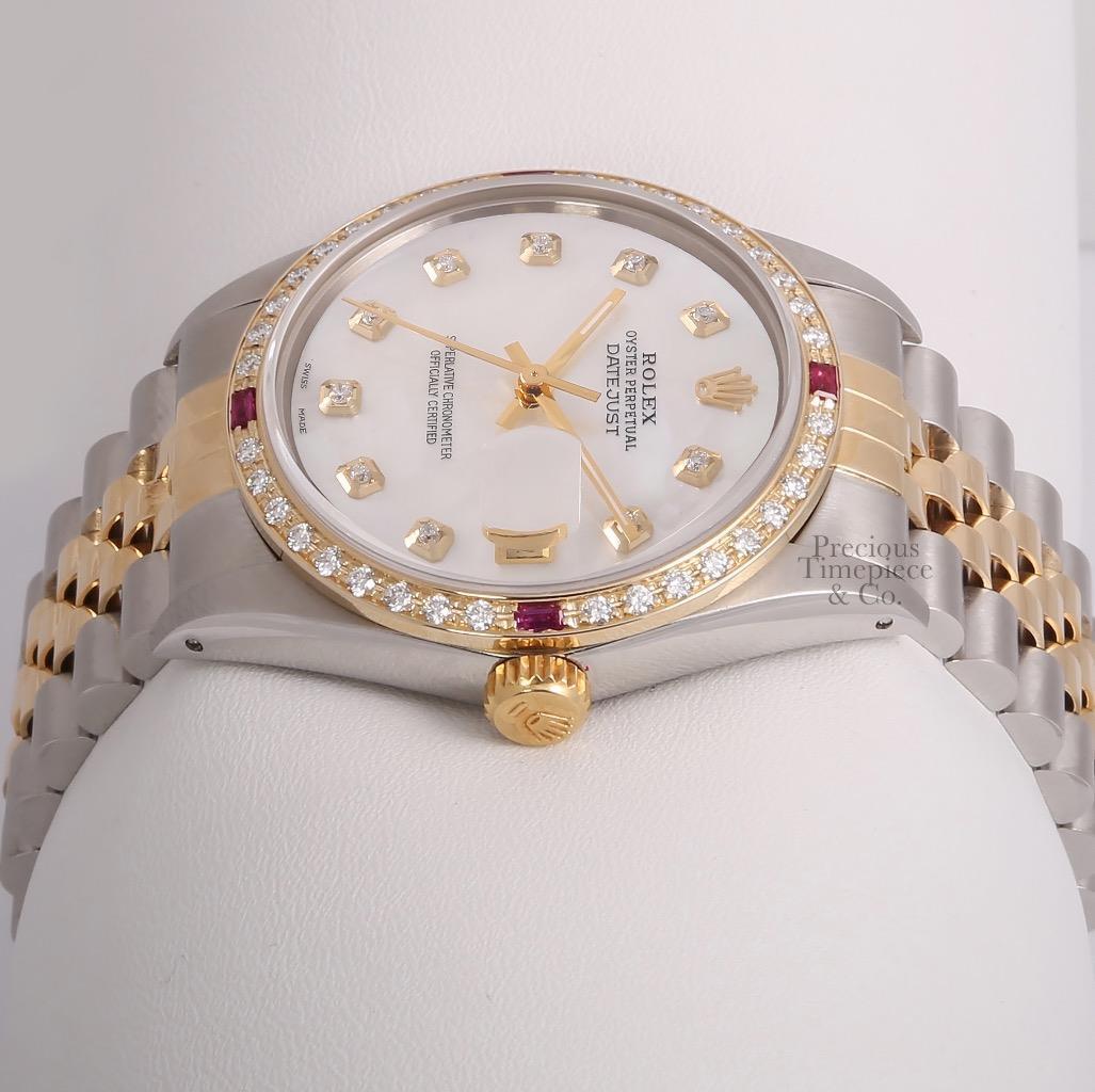 Rolex Datejust 36mm Two Tone Steel 18k Ruby/Diamond Bezel-White Diamond MOP