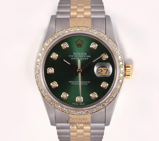 Rolex Datejust Two Tone S/Steel 18k Diamond Bezel-Green Diamond Dial-36mm Watch