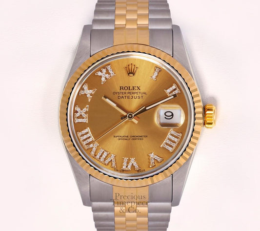 Rolex Datejust Two Tone 36mm 18k Fluted Bezel-Champagne Roman Diamond Dial