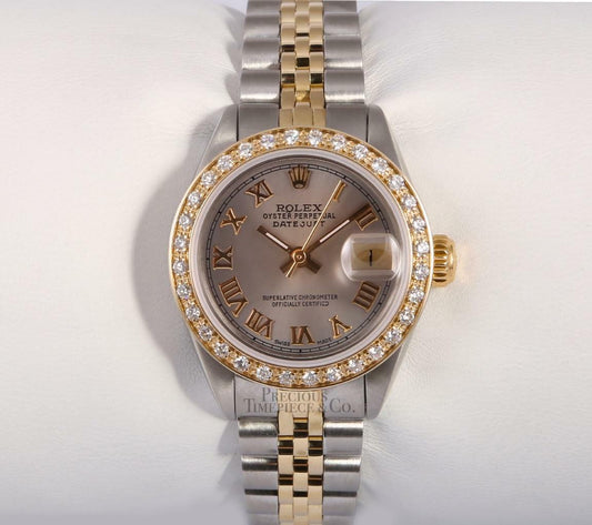 Rolex Lady Datejust Two Tone 26mm Watch 18k Diamond Bezel Silver Roman Dial-2WTY