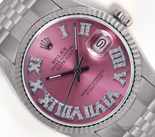 Rolex Datejust Stainless Steel 36mm-18k Fluted Bezel-Ice Pink Roman Diamond Dial