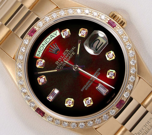 Rolex Day-Date 18238 President 36mm 18k Diamond & Ruby Bezel-Red Vignette Dial