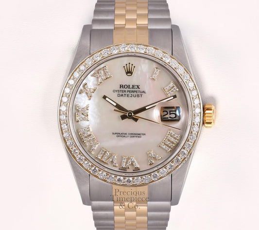 Rolex Mens Datejust TT 18k/SS Watch-Diamond Bezel-White MOP Diamond Roman Dial