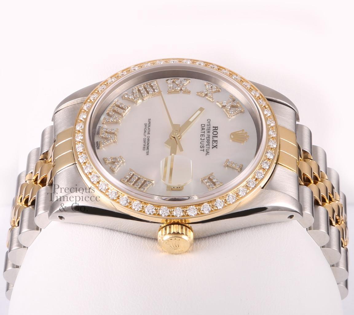 Rolex Mens Datejust TT 18k/SS Watch-Diamond Bezel-White MOP Diamond Roman Dial