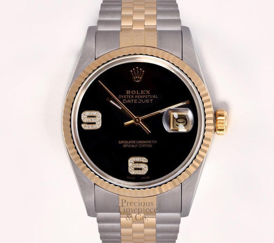 Rolex Datejust Two Tone 36mm 18k Gold Fluted Bezel-Diamond 6&9 Onyx Dial