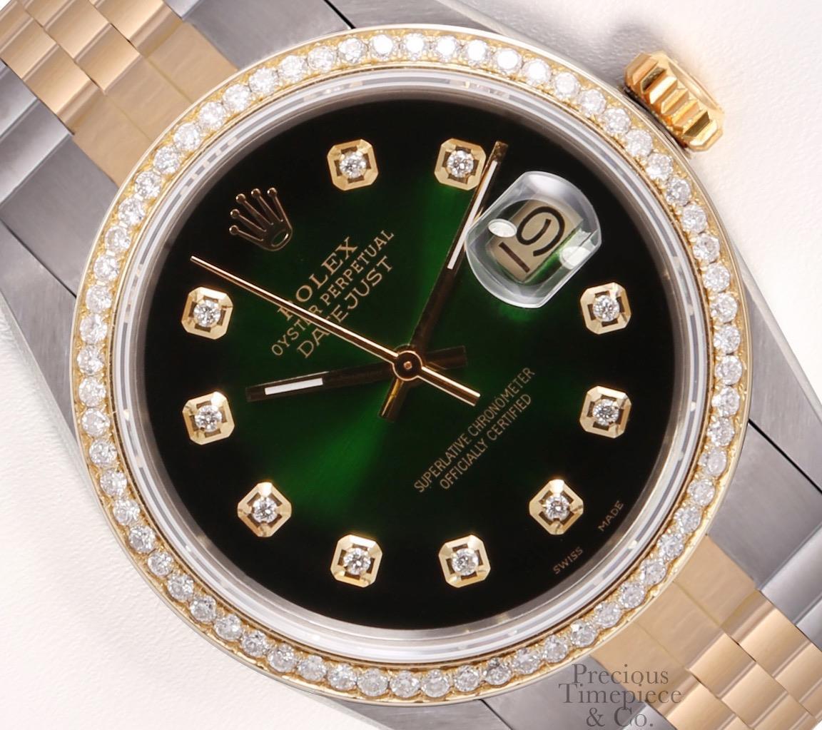 Rolex Datejust Two Tone 36mm Steel 18k Diamond Bezel-Green Vignette Diamond Dial