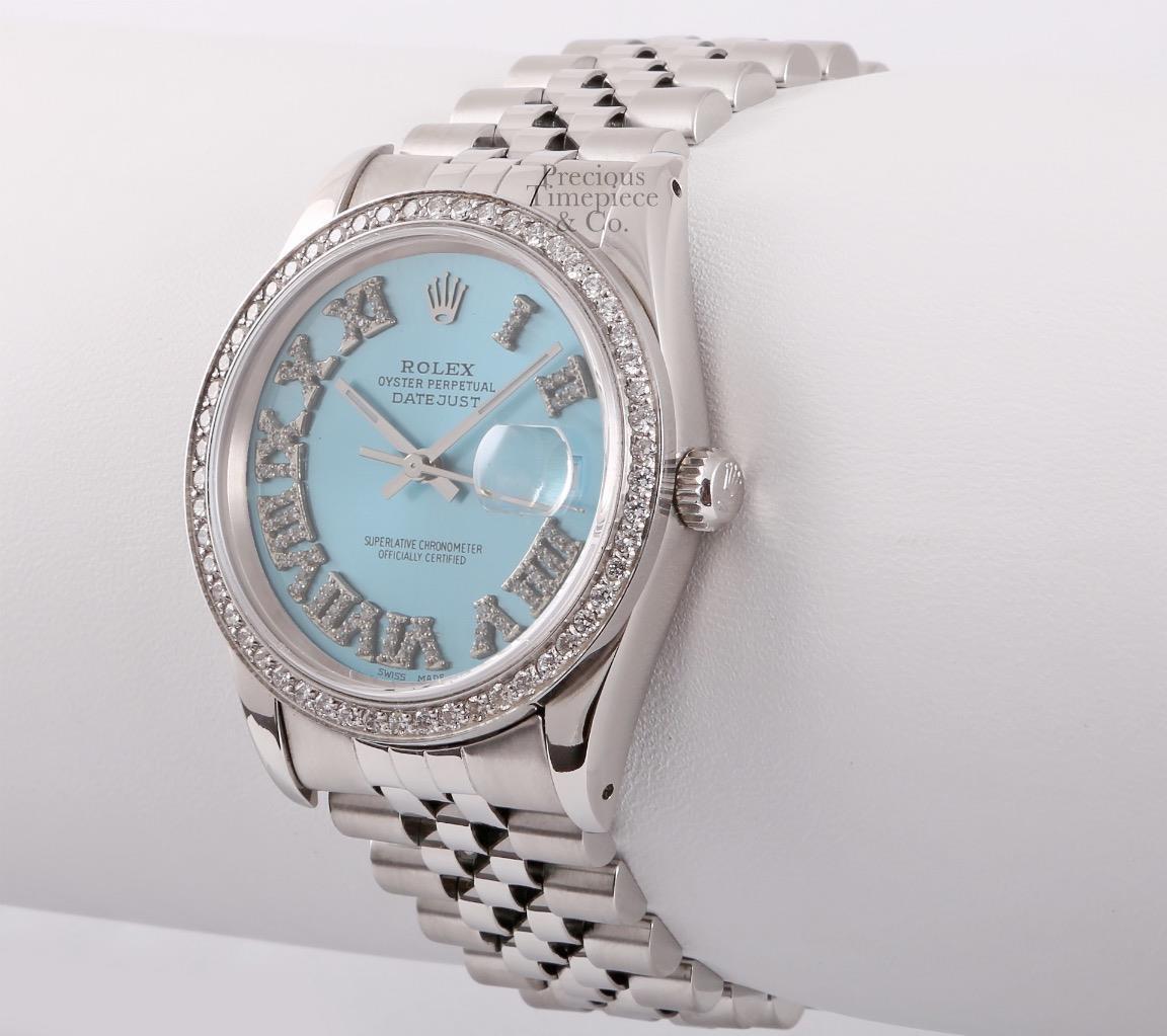 Rolex Datejust Stainless Steel 36mm-Ice Blue Roman Diamond Dial-Diamond Bezel