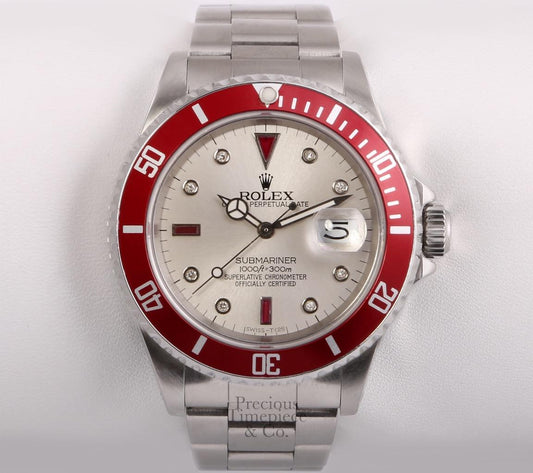 Rolex Submariner 16610 Steel 40mm-Custom Silver Diamond/Ruby Dial-Red Bezel