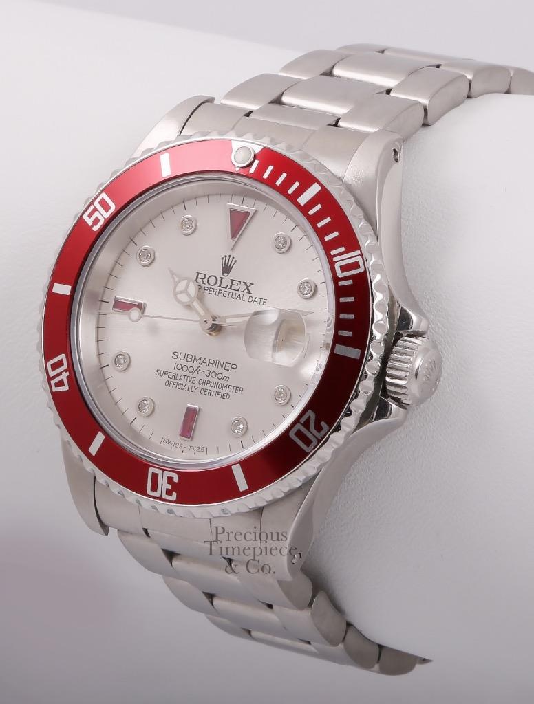 Rolex Submariner 16610 Steel 40mm-Custom Silver Diamond/Ruby Dial-Red Bezel